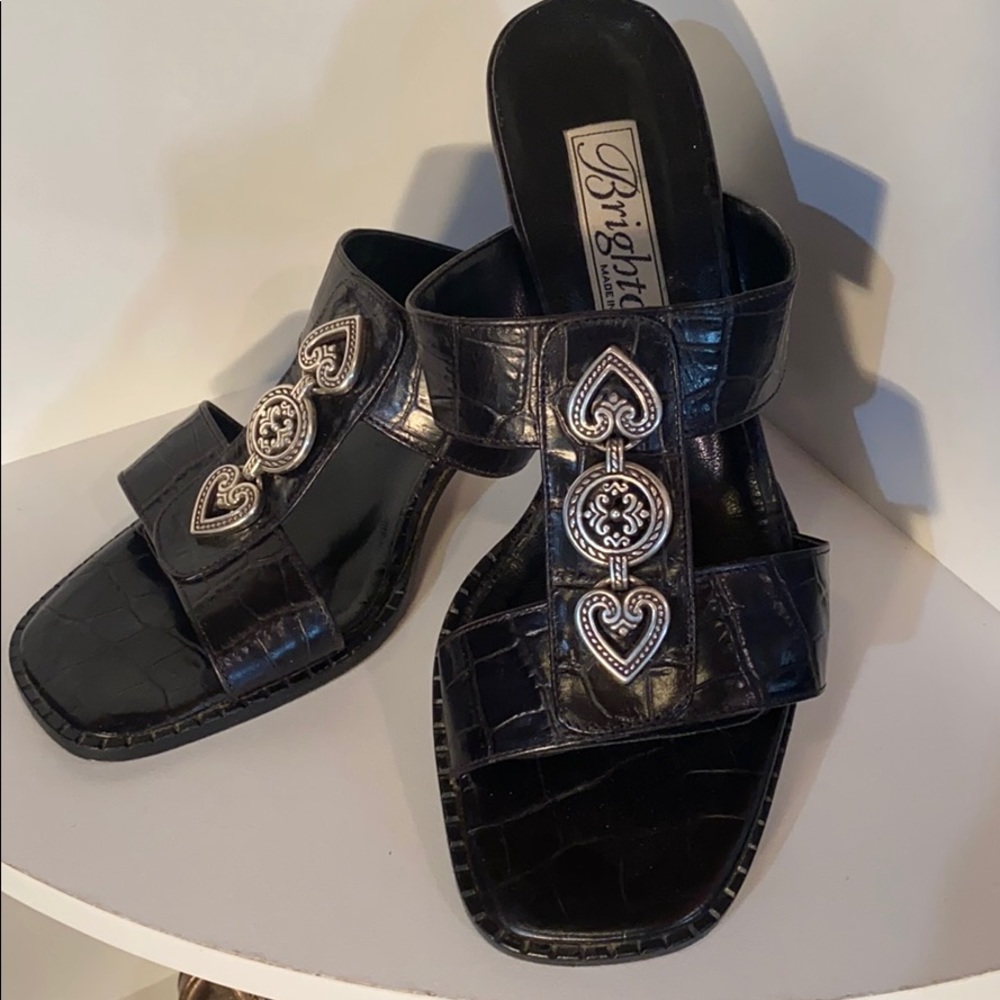 Brighton  black croc embossed leather sandals.